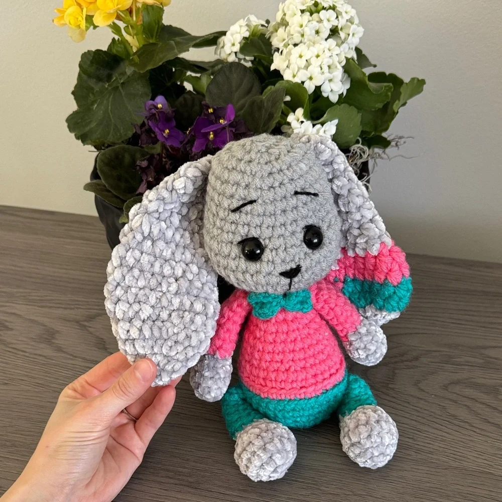Gray Plush Bunny Toy with Pink & Teal Outfit for Small Pets